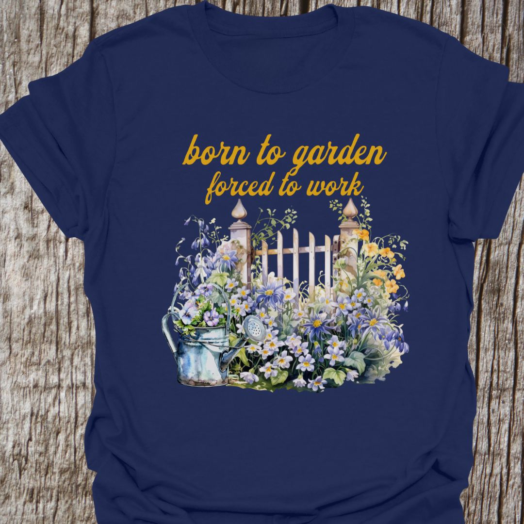 Born to garden, obliged to work T-shirt in cornflower yellow navy blue with elegant floral and gate design.