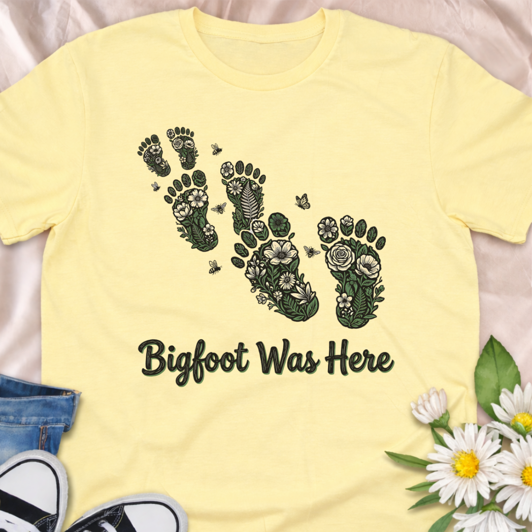 Whimsical “Bigfoot Was Here” t-shirt featuring floral footprint artwork with leaves, wildflowers and butterflies. Perfect for plant lovers, hikers, gardeners and cottagecore fans who love a touch of woodland mystery.