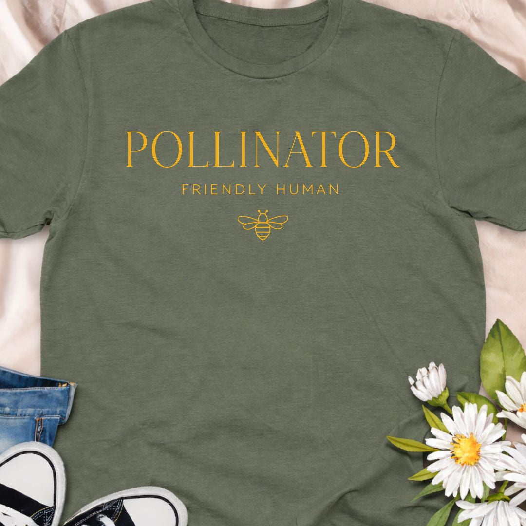 “Pollinator Friendly Human” t-shirt featuring elegant typography and a minimalist bee graphic. Perfect for gardeners, beekeepers, wildflower lovers, and anyone passionate about saving the bees and supporting pollinators.