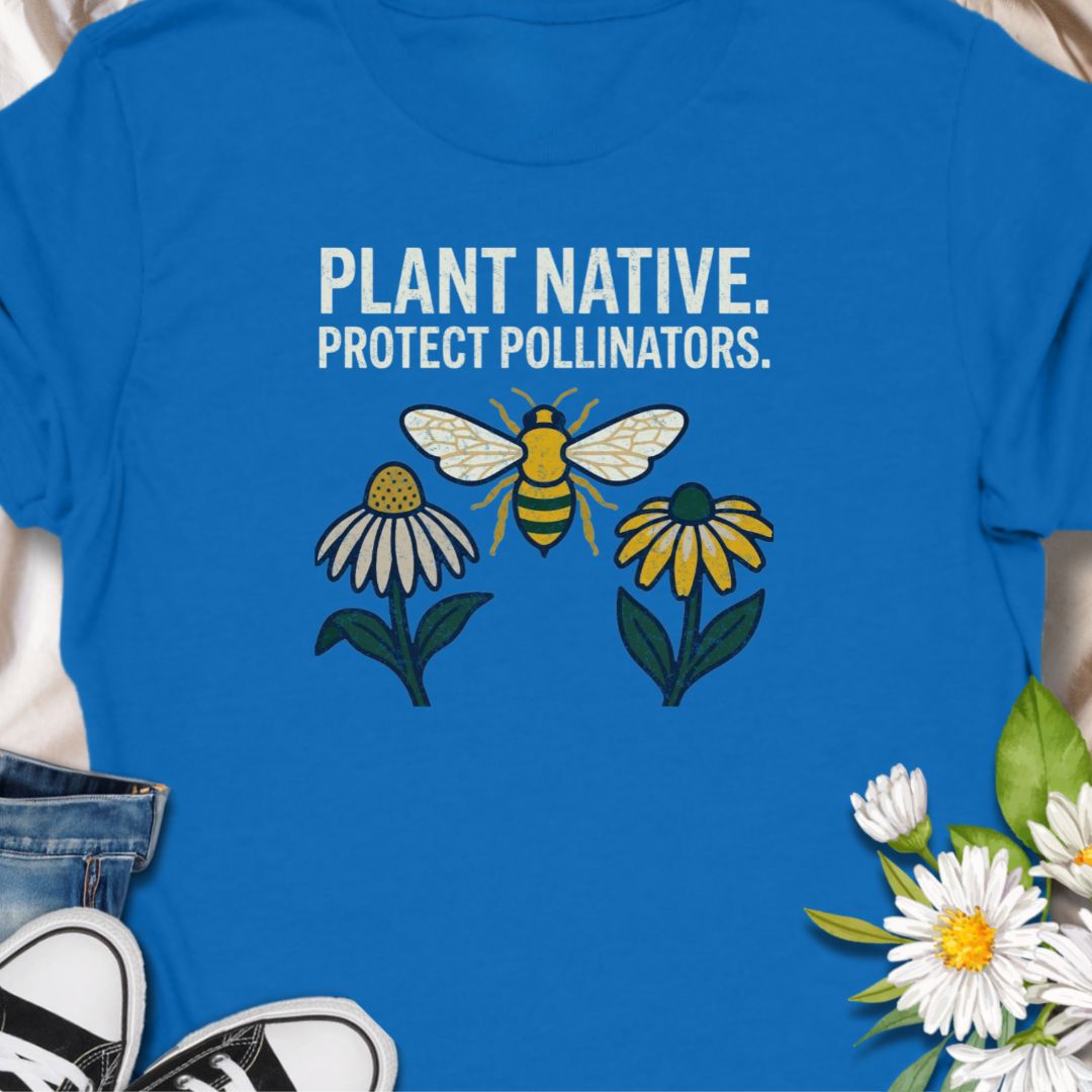 Plant native. Protect pollinators. This bee and wildflower shirt celebrates sustainable gardening and supporting butterflies and bees. Perfect for native plant lovers, pollinator gardeners, and eco-conscious plant enthusiasts. A thoughtful gift for gardeners who care about wildlife.
