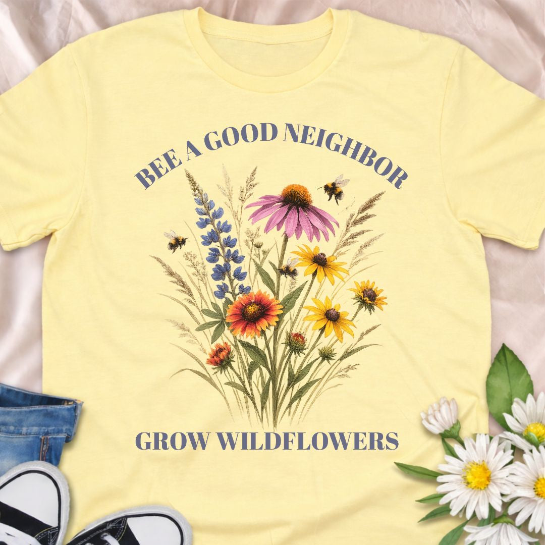 Encourage pollinators and plant with purpose in this “Bee a Good Neighbor – Grow Wildflowers” t-shirt. A beautiful wildflower and bee design perfect for gardeners, pollinator lovers, and native plant enthusiasts.