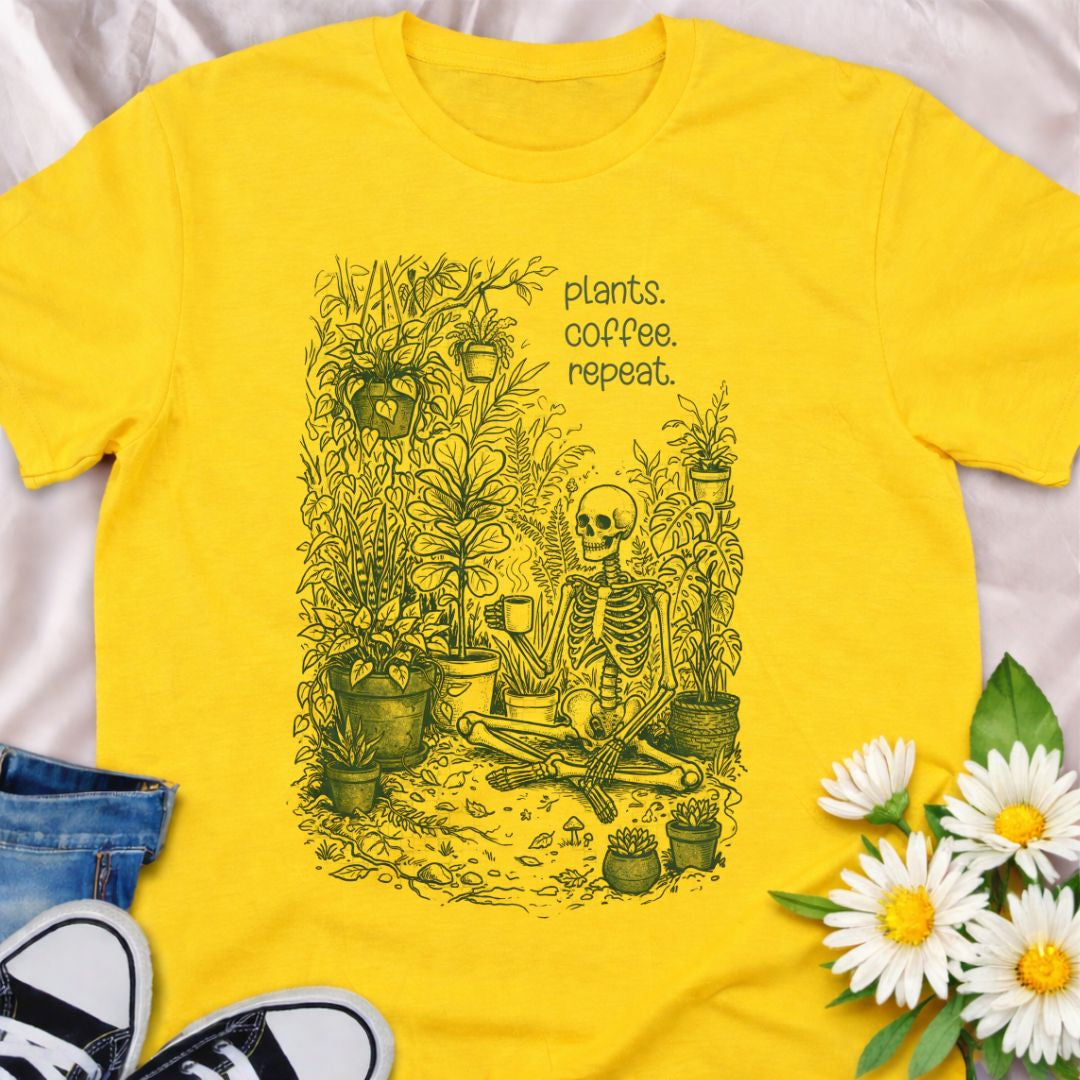 Plants. Coffee. Repeat. This funny skeleton plant lover t-shirt celebrates the daily routine of watering plants and sipping coffee. Perfect for houseplant collectors, gardeners, and plant moms who know the plant obsession never ends. A fun gift for plant lovers and indoor jungle enthusiasts.