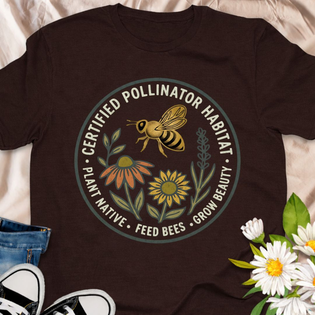 Show your support for bees and pollinators with this “Certified Pollinator Habitat” t-shirt. Perfect for gardeners who plant native flowers, support bees, and grow pollinator-friendly gardens. A beautiful eco-friendly gardening shirt for plant lovers and wildlife gardeners.
