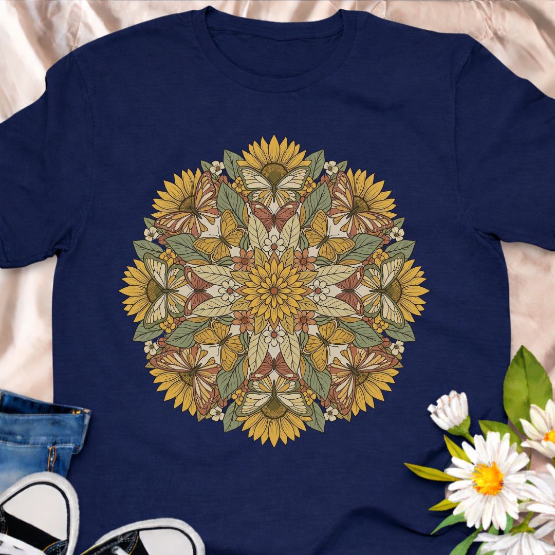 Celebrate nature with this beautiful botanical mandala t-shirt featuring sunflowers, leaves, and butterflies in a symmetrical floral design. Perfect for gardeners, pollinator lovers, nature enthusiasts, and anyone who appreciates botanical art.