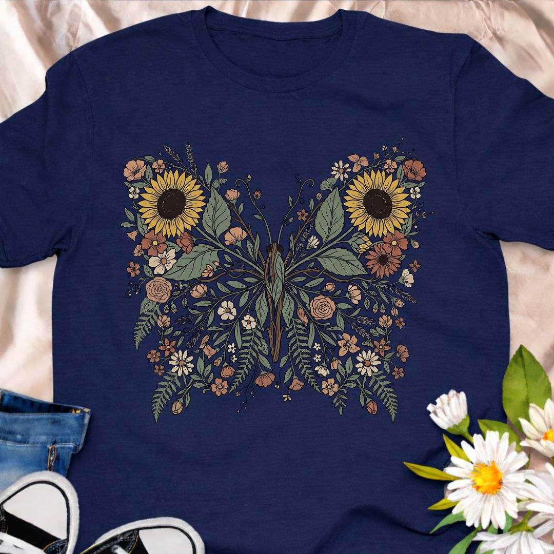Beautiful botanical butterfly t-shirt featuring sunflowers, wildflowers, and delicate foliage forming an elegant butterfly design. Perfect for gardeners, nature lovers, pollinator supporters, and anyone who loves floral botanical art.