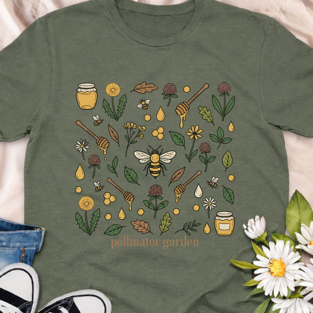 Celebrate nature with this “Pollinator Garden” t-shirt featuring bees, honey jars, wildflowers, and garden elements. Perfect for gardeners, bee lovers, and anyone passionate about creating pollinator-friendly gardens.