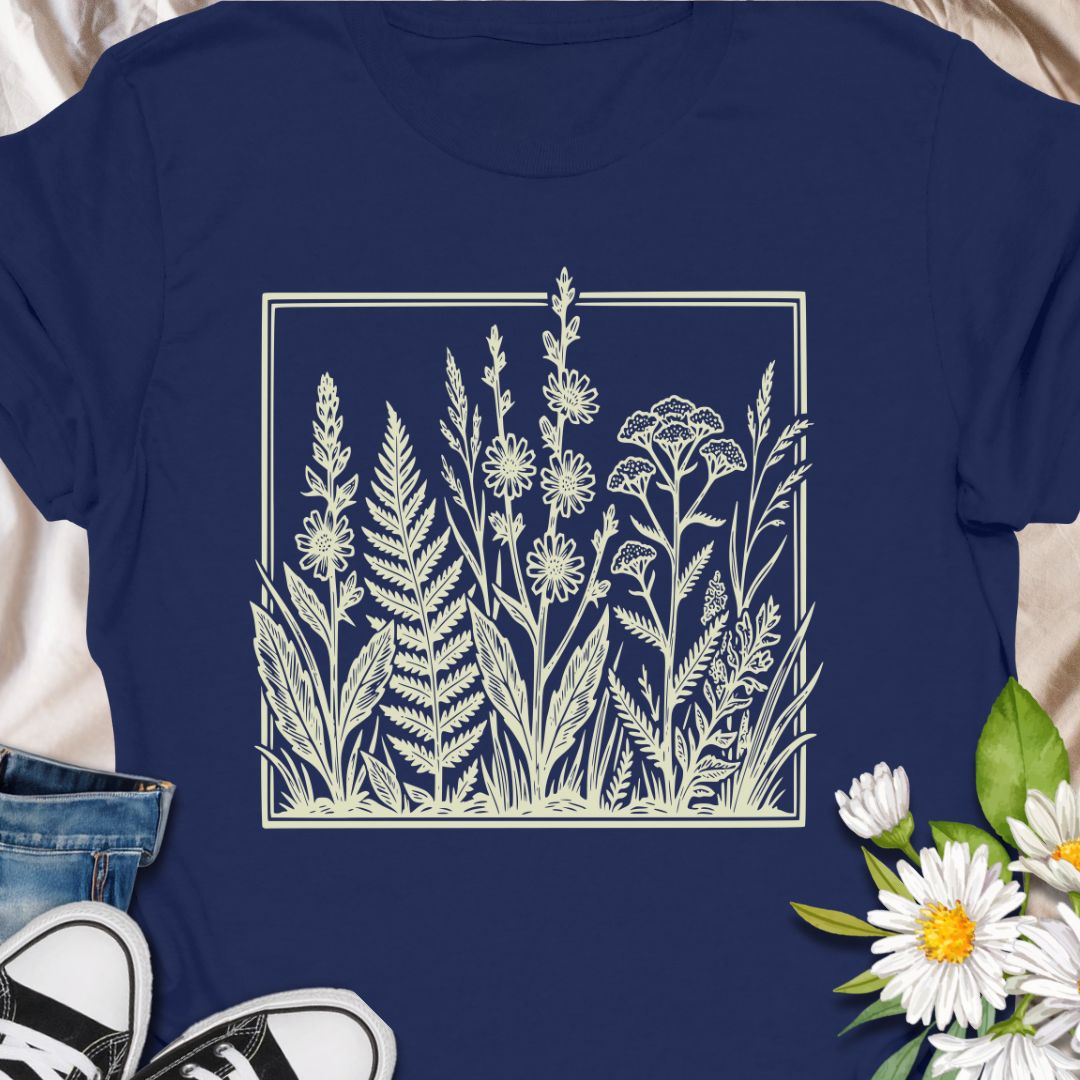 Elegant botanical illustration t-shirt featuring delicate wildflowers and foliage in a vintage botanical art style. Perfect for gardeners, plant lovers, nature enthusiasts, and anyone who appreciates timeless botanical designs.