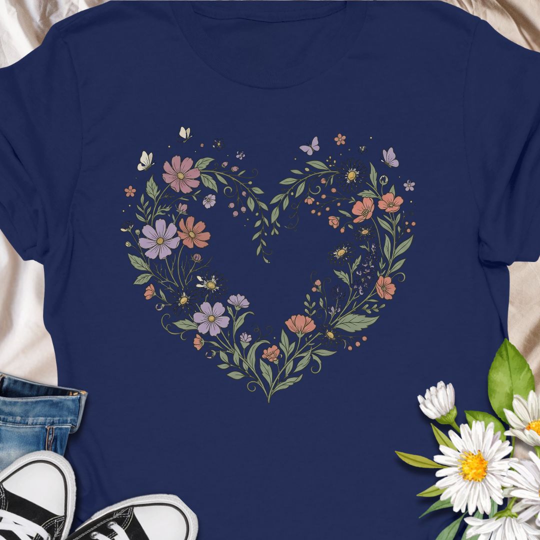 Botanical heart t-shirt featuring delicate wildflowers arranged in a heart shape. Perfect for gardeners, plant lovers, cottagecore fans, and anyone who loves floral nature-inspired designs.