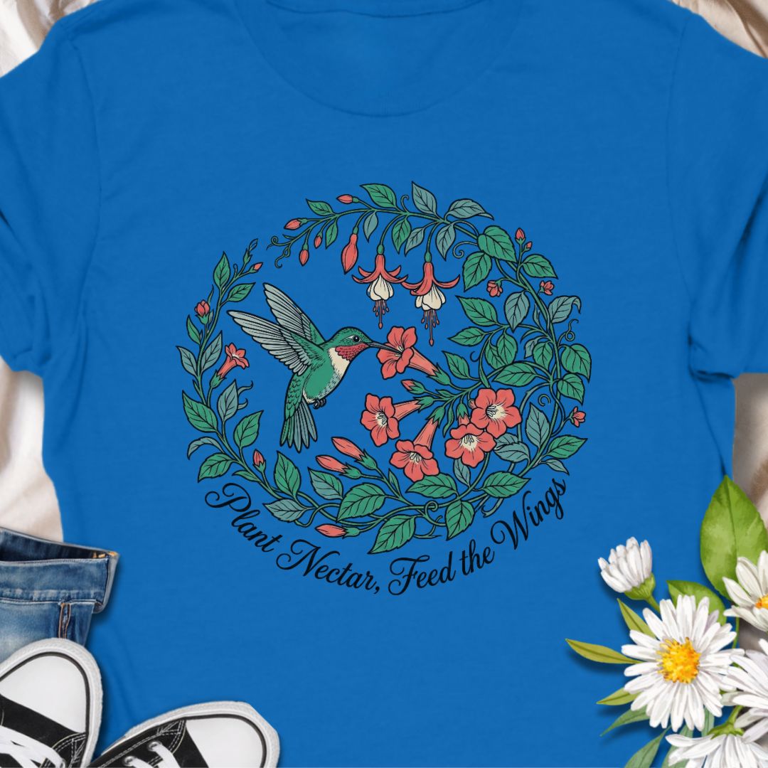 Plant nectar, feed the wings with this beautiful hummingbird and wildflower design. Perfect for gardeners, pollinator lovers, and hummingbird enthusiasts who support bee and butterfly friendly gardens.
