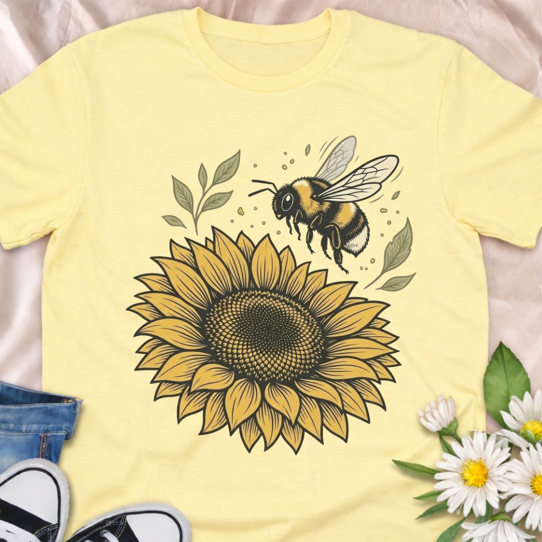 Beautiful bee and sunflower design celebrating pollinators and nature. Perfect for gardeners, bee lovers, and anyone who supports pollinator-friendly gardens and wildlife.