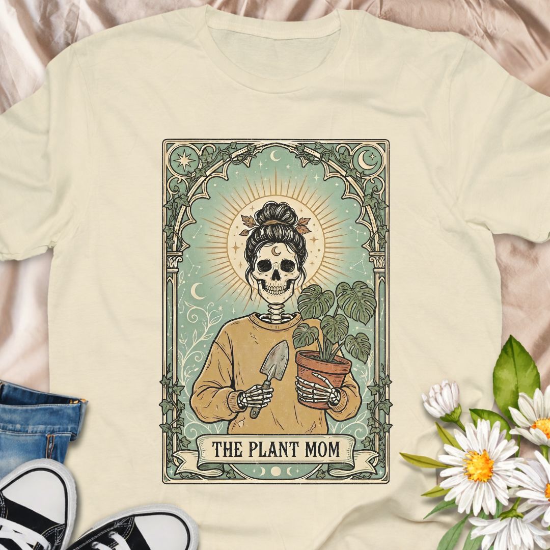 Dark botanical Plant Mom design featuring a skeleton plant lover holding a monstera in a vintage gothic illustration style. Perfect for houseplant collectors, plant moms, and lovers of spooky botanical art.
