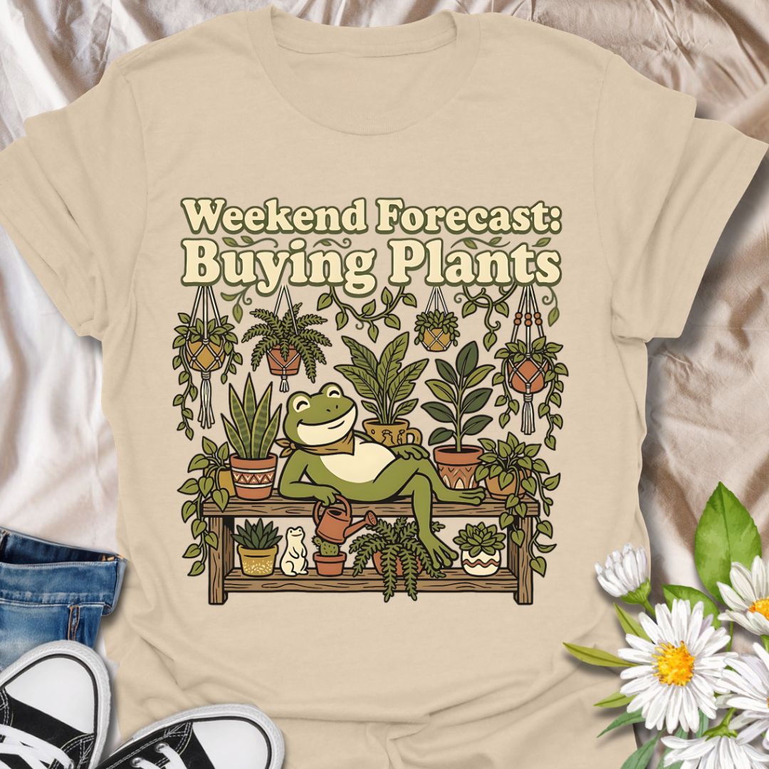 Weekend forecast buying plants funny plant lover shirt featuring a cute frog and houseplants. Perfect gift for plant lovers, plant moms, and anyone who spends weekends adding to their plant collection.
