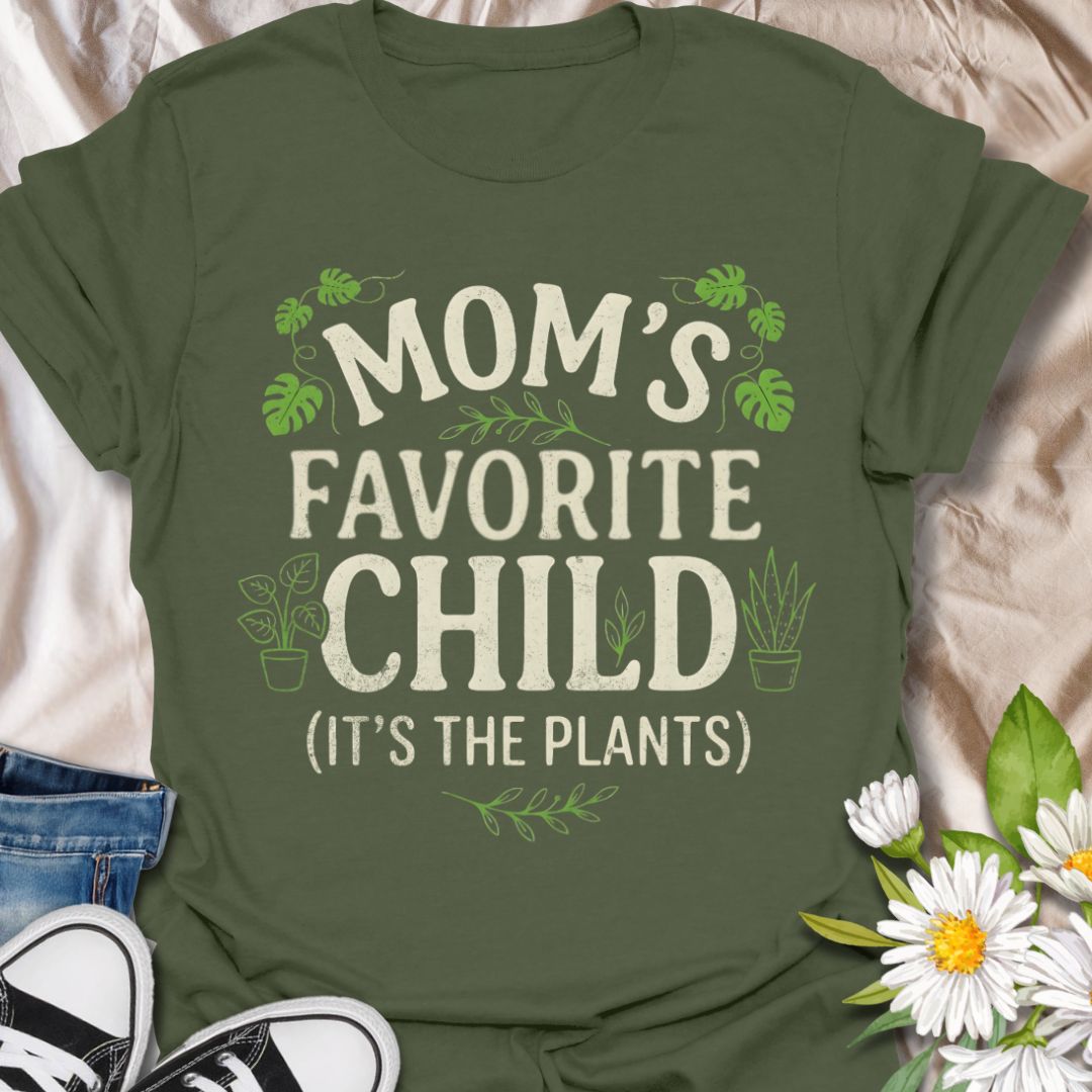 Funny plant lover t-shirt featuring “Mom’s Favorite Child (It’s the Plants).” Perfect for plant moms, houseplant lovers, and anyone who treats plants like family. A playful botanical tee ideal for everyday wear or gifting.