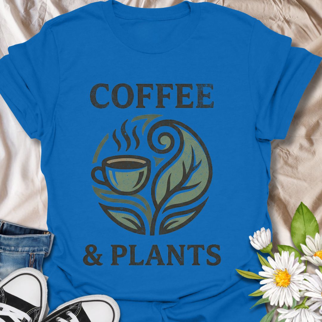 Funny coffee and plants t-shirt featuring a cozy coffee cup and botanical leaf graphic in a distressed vintage style. A cute plant lover tee for houseplant fans, plant moms, gardeners, and coffee lovers.