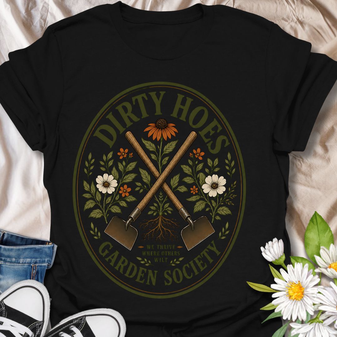 Join the Dirty Hoes Garden Society with this vintage-inspired gardening t-shirt made for plant lovers, backyard growers, and anyone happiest with their hands in the soil. Featuring crossed garden hoes, botanical florals, roots, and a bold retro badge layout, this design brings playful garden humor to a classic outdoorsy look. Perfect for gardeners, homesteaders, flower growers, plant moms, allotment lovers, and anyone who knows the best days start with dirt under their nails.