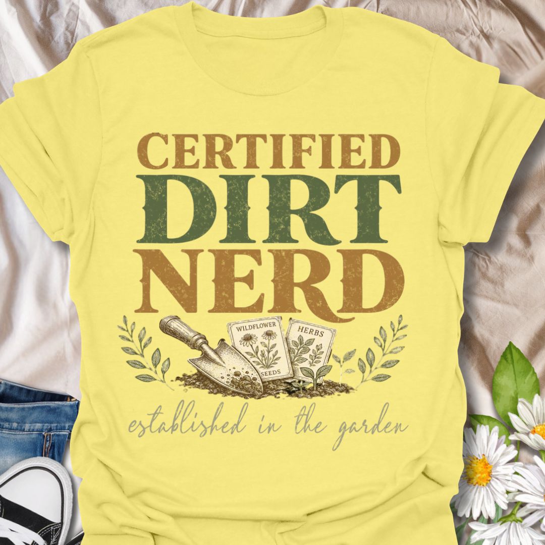 This Certified Dirt Nerd t-shirt is made for gardeners who love soil, seeds, herbs, wildflowers, and getting their hands dirty. Featuring bold vintage typography, a garden trowel, seed packets, leafy details, and the phrase established in the garden, this design has a playful retro look for proud plant and garden lovers. Perfect for backyard gardeners, allotment growers, plant parents, homesteaders, flower growers, herb gardeners, and anyone who happily identifies as a dirt nerd.
