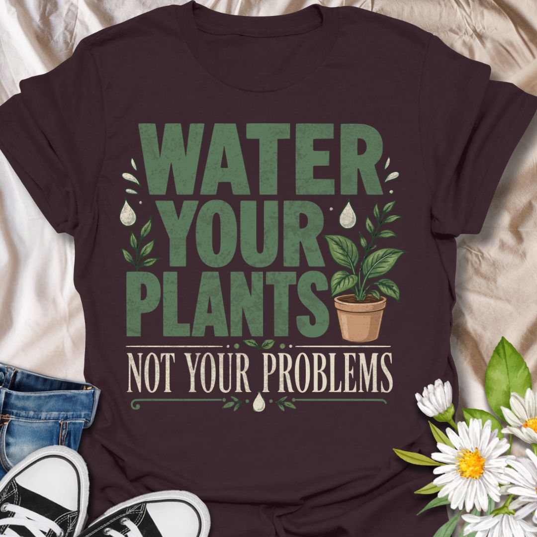 This Water Your Plants Not Your Problems t-shirt is made for plant lovers who know that a little watering, fresh soil, and leafy growth can fix the mood better than overthinking ever could. The bold retro typography, potted plant illustration, water droplets, and botanical details give this design a fun, uplifting look for everyday plant-parent style. Perfect for houseplant lovers, gardeners, plant moms, indoor jungle collectors, greenhouse fans, and anyone who would rather tend their plants than their worr