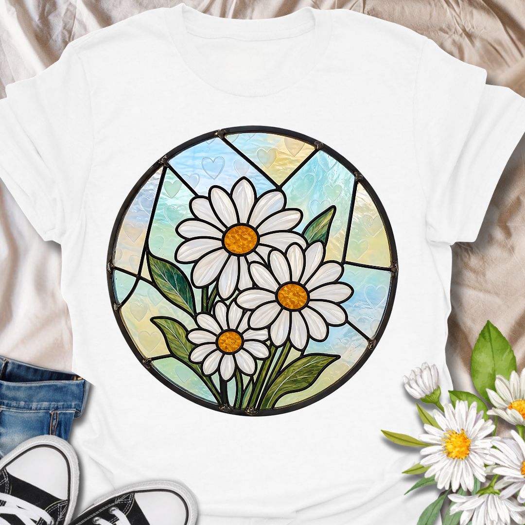 This Stained Glass Daisy t-shirt is made for flower lovers who want a bright, cheerful botanical design with an artistic twist. Featuring white daisies, golden centers, leafy green stems, and soft pastel stained-glass style panels, this design has a fresh garden-inspired look that feels pretty, peaceful, and easy to wear. Perfect for daisy lovers, gardeners, flower fans, nature lovers, botanical art lovers, and anyone who loves simple floral beauty.