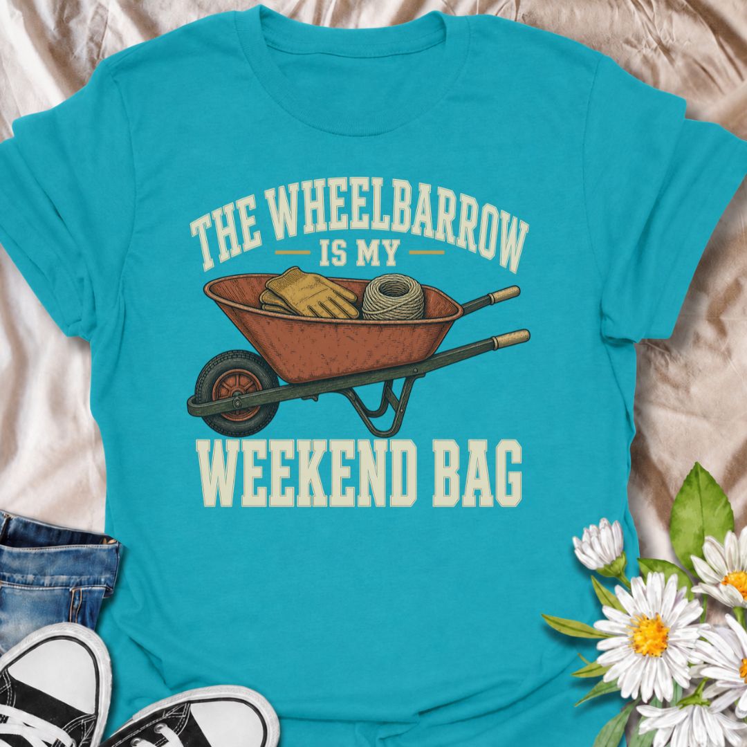 A funny gardening T-shirt for anyone who spends the weekend hauling tools, gloves, twine, and half the garden around in a wheelbarrow. The phrase “The Wheelbarrow Is My Weekend Bag” captures the reality of garden days with a dry, relatable sense of humor. Featuring a vintage-style wheelbarrow packed with gardening essentials, this design is perfect for backyard gardeners, cottage gardeners, and keen growers. It makes a great gift for anyone who would rather spend Saturday in the garden than anywhere else. I