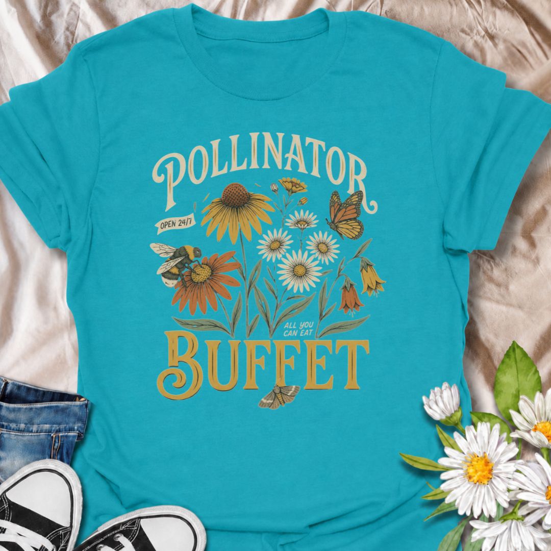 A bold pollinator T-shirt for gardeners who believe every flower bed should come with an open invitation to bees, butterflies, and moths. The phrase “Pollinator Buffet” pairs with coneflowers, daisies, and visiting pollinators for a playful take on wildlife-friendly gardening. It is perfect for native plant lovers, flower gardeners, pollinator advocates, and anyone creating a bee-friendly backyard. The vintage botanical styling gives the design plenty of character while keeping the message easy to read.