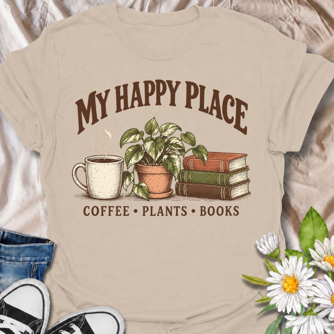 A cozy plant-lover T-shirt for anyone whose happy place includes coffee, houseplants, and a good book. The phrase “My Happy Place — Coffee • Plants • Books” pairs with a warm mug, leafy potted plant, and stacked books for an easygoing lifestyle design. It is perfect for readers, plant parents, indoor gardeners, and coffee lovers who enjoy quiet time at home. The vintage-inspired illustration gives the design a relaxed, thoughtful feel without becoming too busy. A great gift for book lovers, houseplant colle