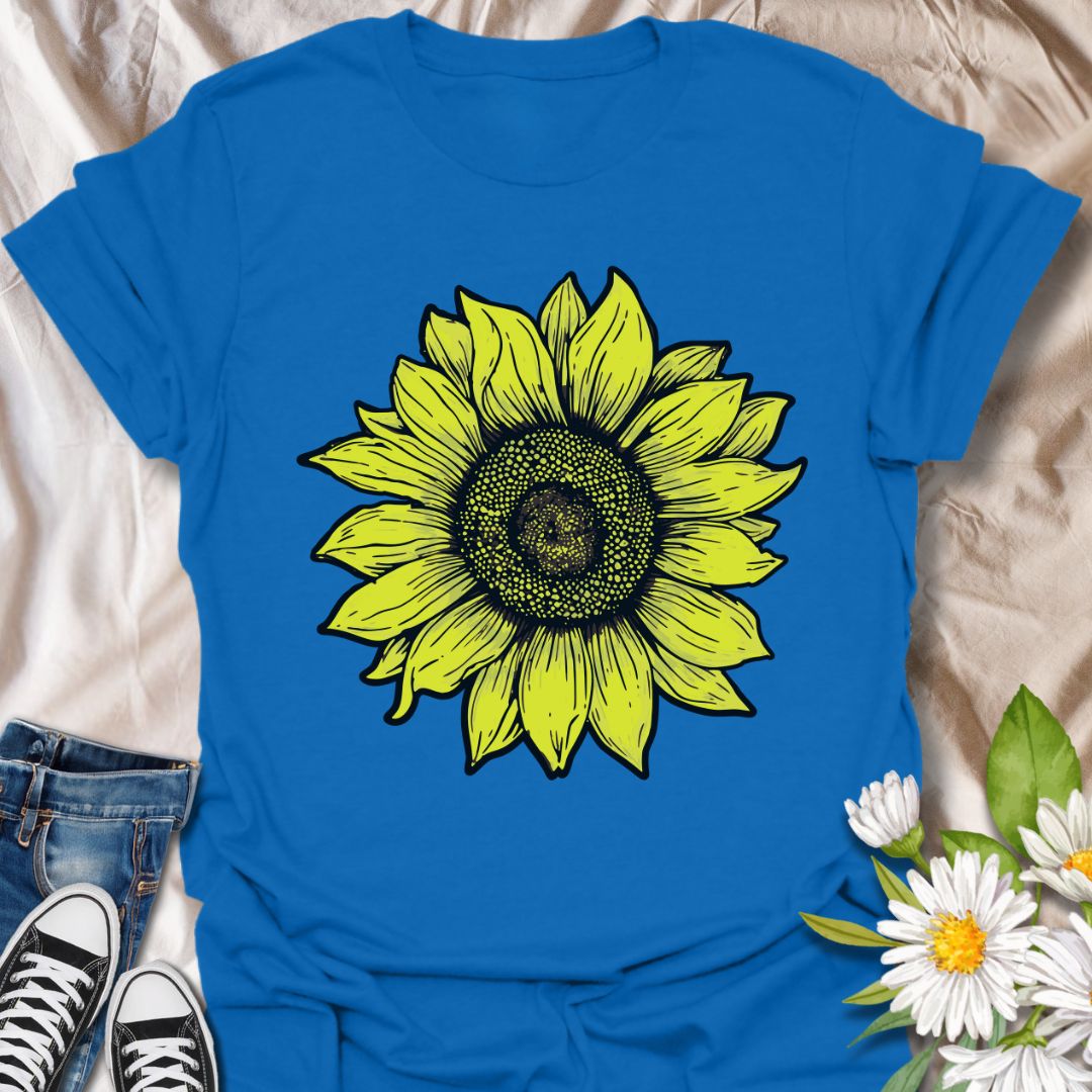 Bold vintage sunflower illustration t-shirt featuring a hand-drawn detailed floral design. Perfect for gardeners, nature lovers, plant moms, and flower enthusiasts. Bright, cheerful sunflower shirt for summer, casual wear, or thoughtful gifting.
