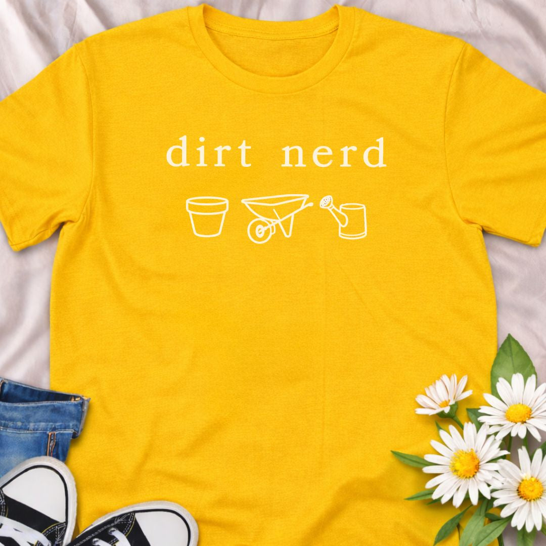 “Dirt Nerd” minimalist gardening t-shirt for plant lovers and gardeners. Subtle botanical humour tee featuring simple garden icons. Perfect for plant parents, garden enthusiasts, and anyone proudly obsessed with soil, plants, and growing things. A great gift for gardeners and plant nerds.