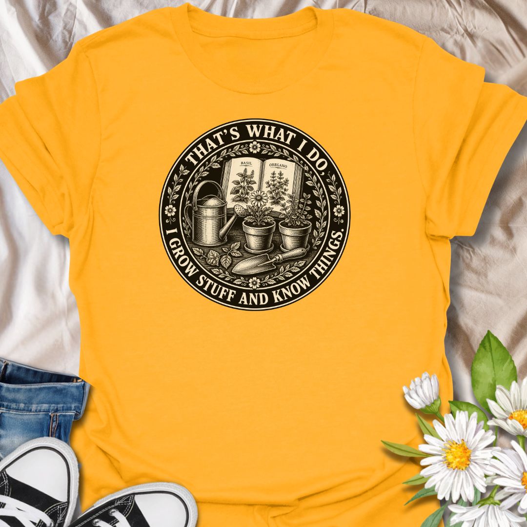 Funny gardening t-shirt with a vintage botanical badge design, perfect for plant lovers, herb gardeners, and anyone who grows stuff and knows things.