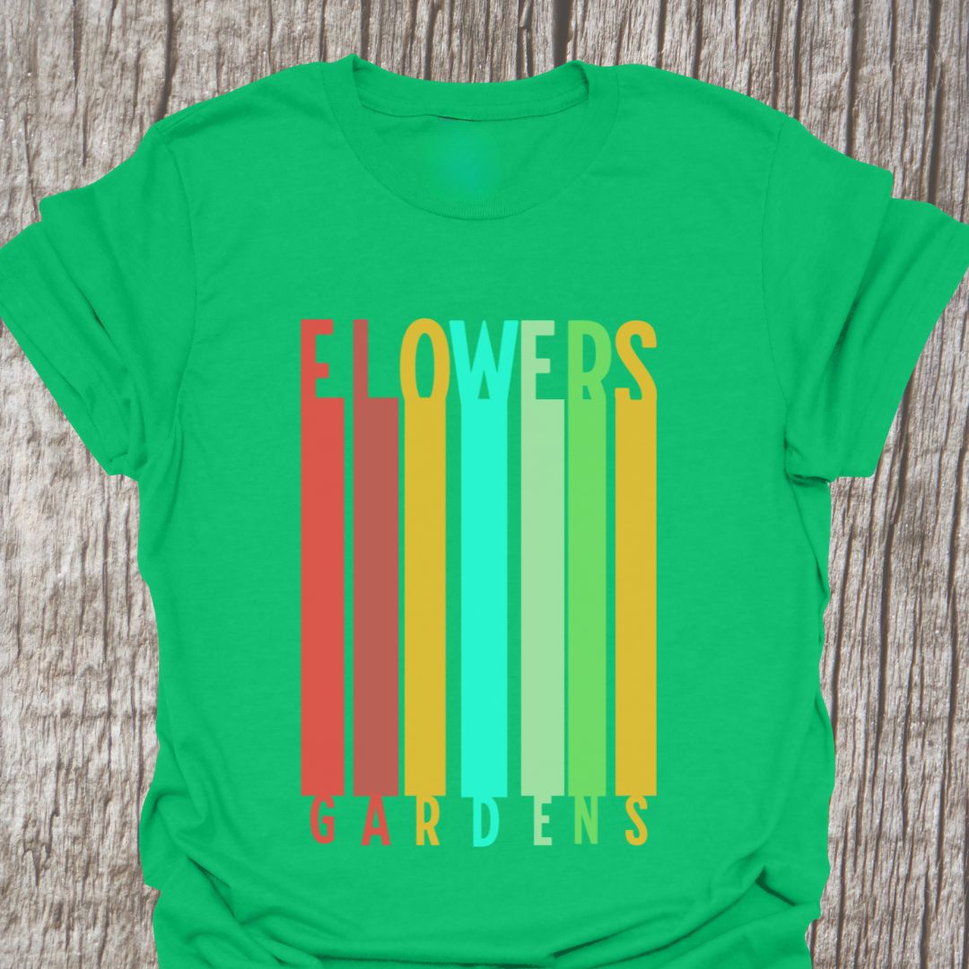 Color blocks Irish green t-shirt with text saying gardens and flowers in matching colors.
