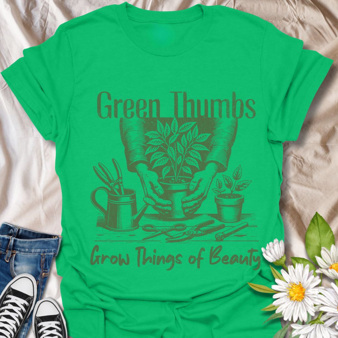 Celebrate the magic of gardening with this “Green Thumbs Grow Things of Beauty” t-shirt. Featuring a rustic hand-drawn design of planting tools and flourishing foliage, it’s the perfect gift for plant lovers and garden gurus alike.
