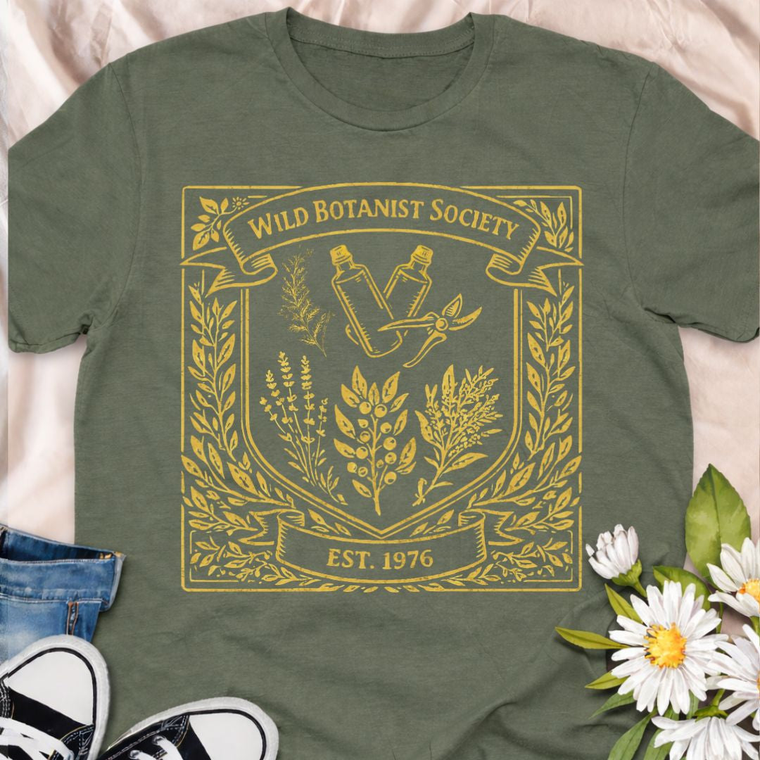 Join the Wild Botanist Society with this vintage-inspired botanical t-shirt. Designed for plant lovers, gardeners, and nature enthusiasts who love earthy, heritage style. A perfect everyday tee for plant parents, garden lovers, and botanical souls.