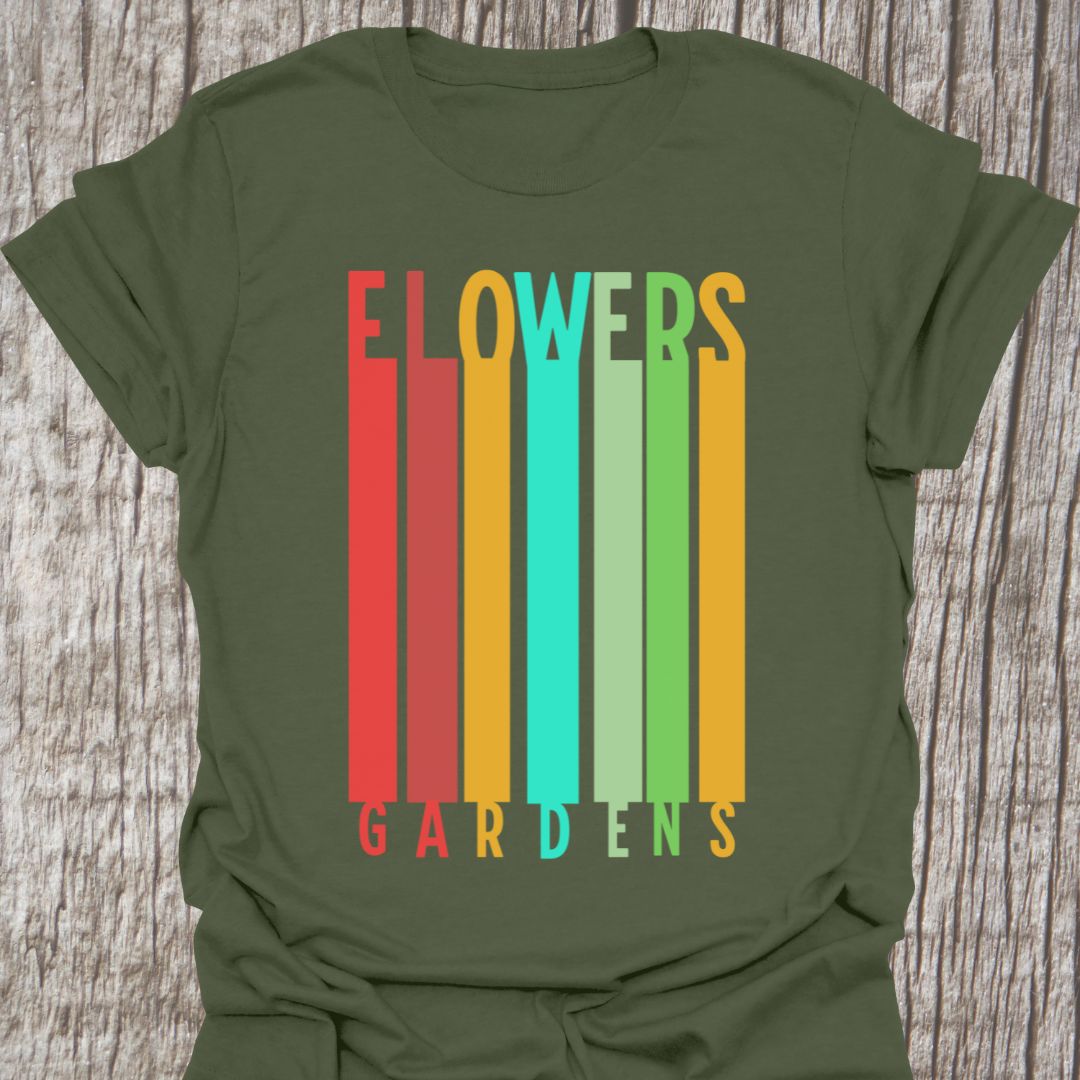 Color blocks military green t-shirt with text saying gardens and flowers in matching colors.