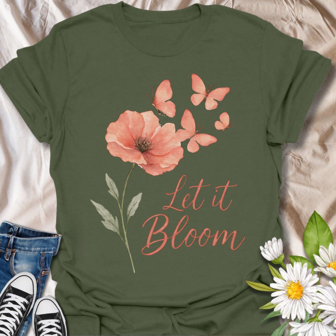 Delicate watercolor-style coral poppy with butterflies and elegant “Let It Bloom” quote. A soft, floral design celebrating growth, transformation, and positivity—perfect for garden lovers, free spirits, and those embracing inner peace and change.