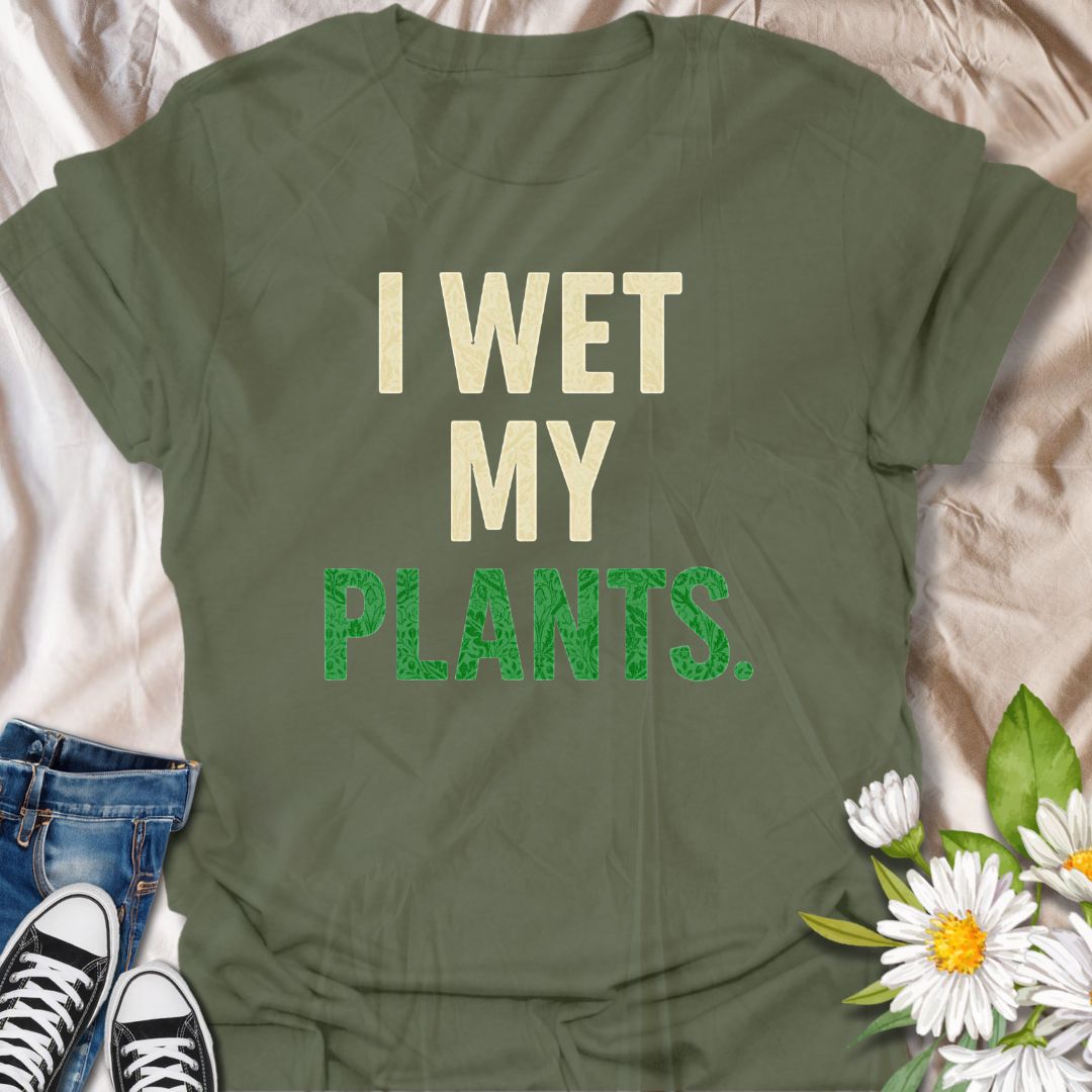 Bring humor to your plant-loving lifestyle with this funny graphic t-shirt featuring the witty phrase "I Wet My Plants." Perfect for gardeners, plant parents, and anyone who enjoys quirky botanical-themed apparel with a playful twist.