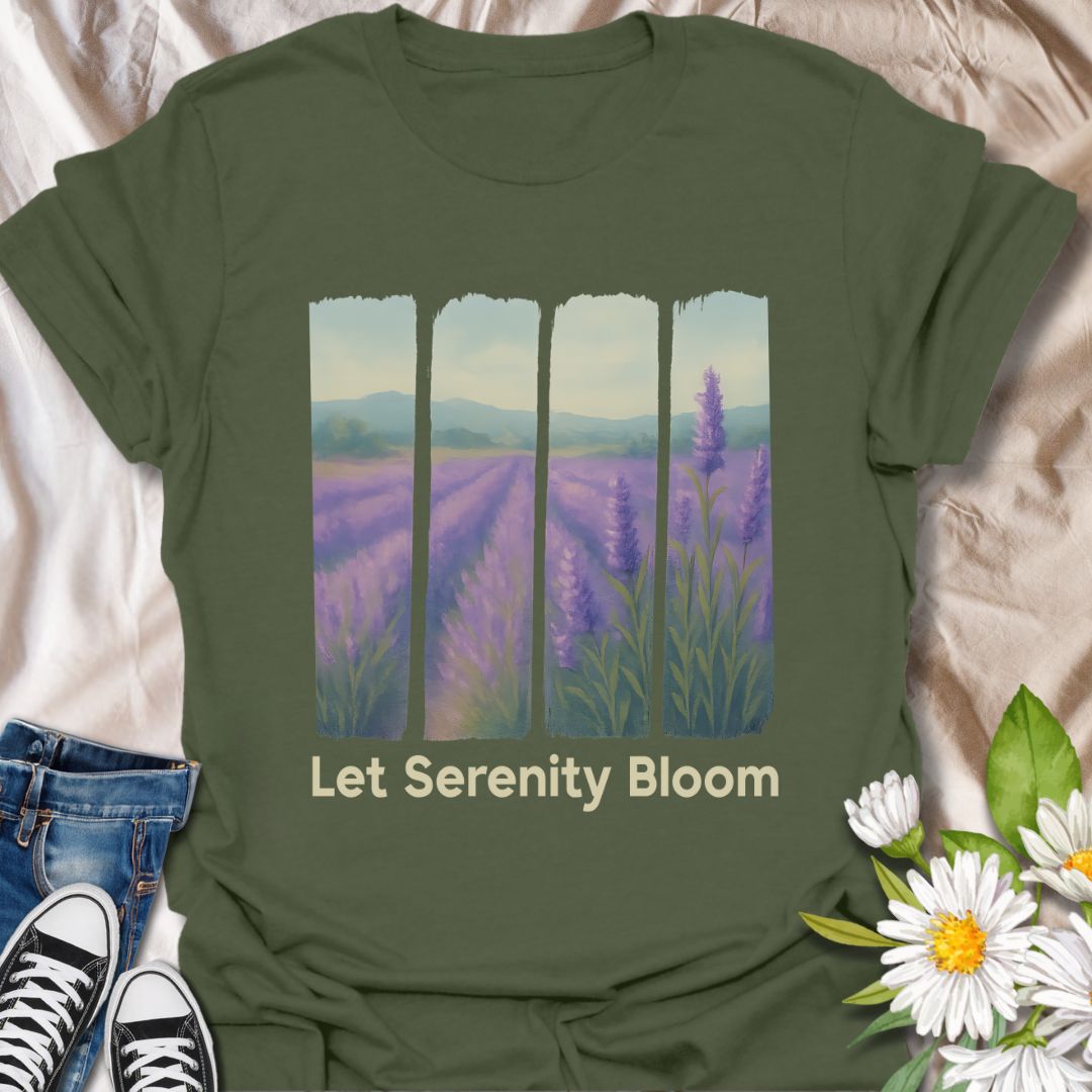 Embrace peaceful vibes with this "Let Serenity Bloom" t-shirt, featuring a dreamy lavender field viewed through vertical panels. Printed on a deep navy blue tee, this design radiates calm, mindfulness, and nature-inspired beauty. A perfect gift for lavender lovers, gardeners, and anyone drawn to serene, floral art.