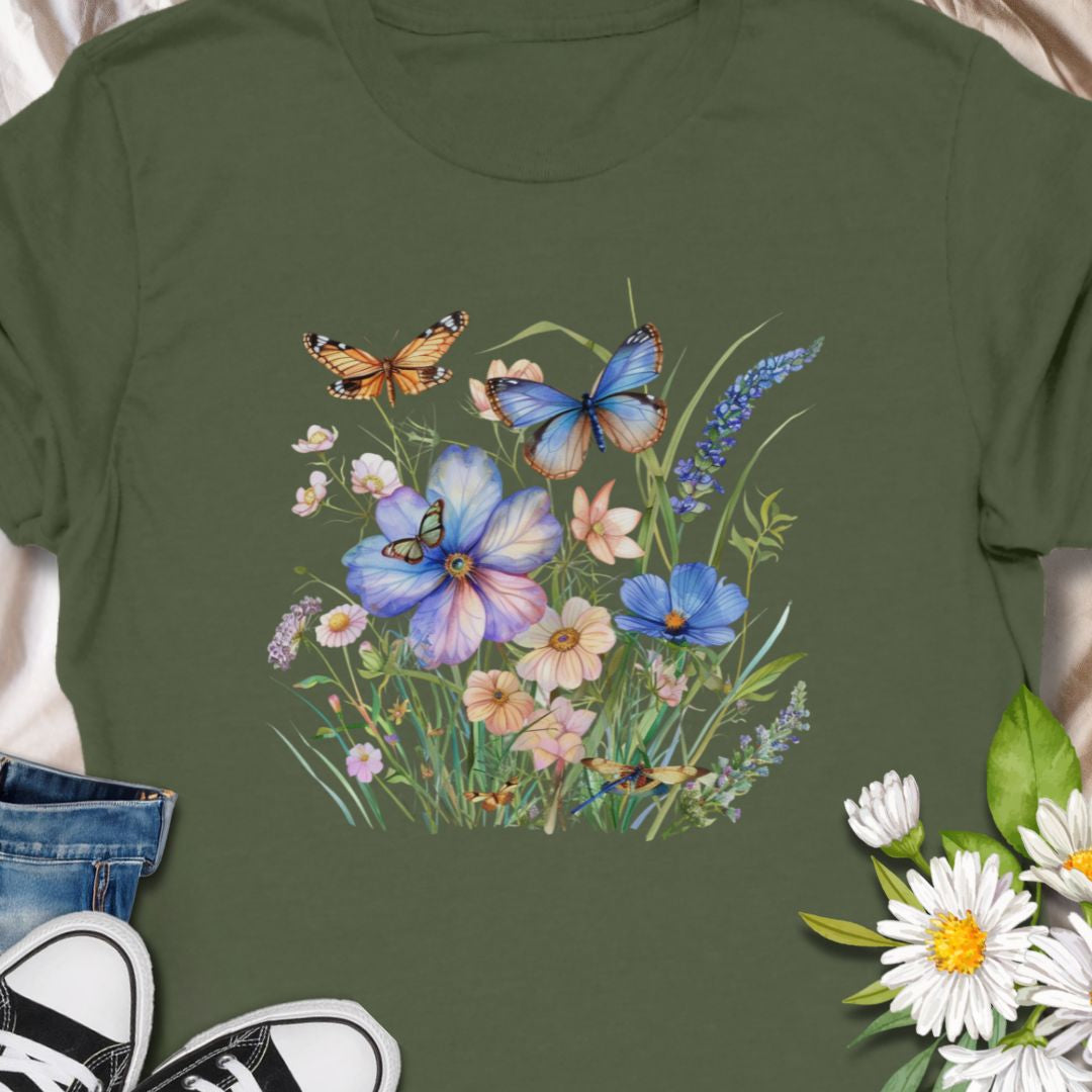 Beautiful nature tee with a delicate meadow of wildflowers and butterflies. simple, and quietly evocative.