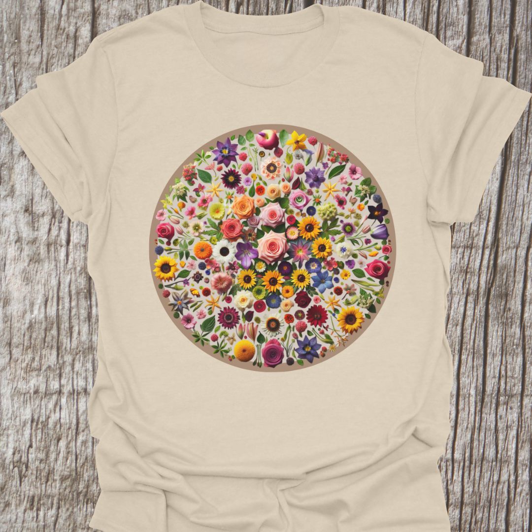 Circle of flowers t-shirt on a natural color background with multi-colored flowers.