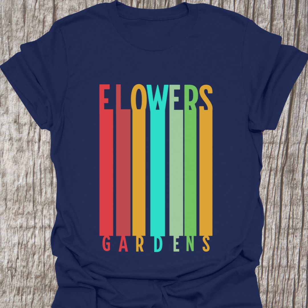 Color blocks Navy blue t-shirt with text saying gardens and flowers in matching colors.