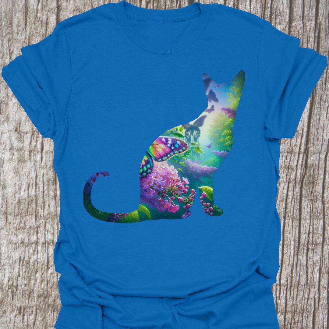 Mystical Cat design with flowers, water, trees and butterflies in cat silhouette, on a royal blue t-shirt