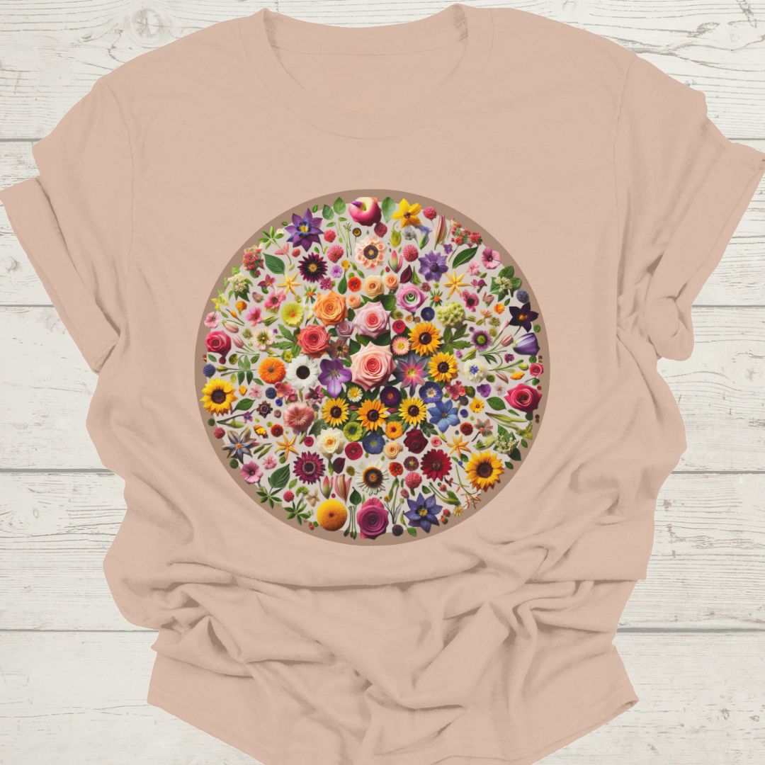 Circle of flowers t-shirt on a sandy background with multi-colored flowers.