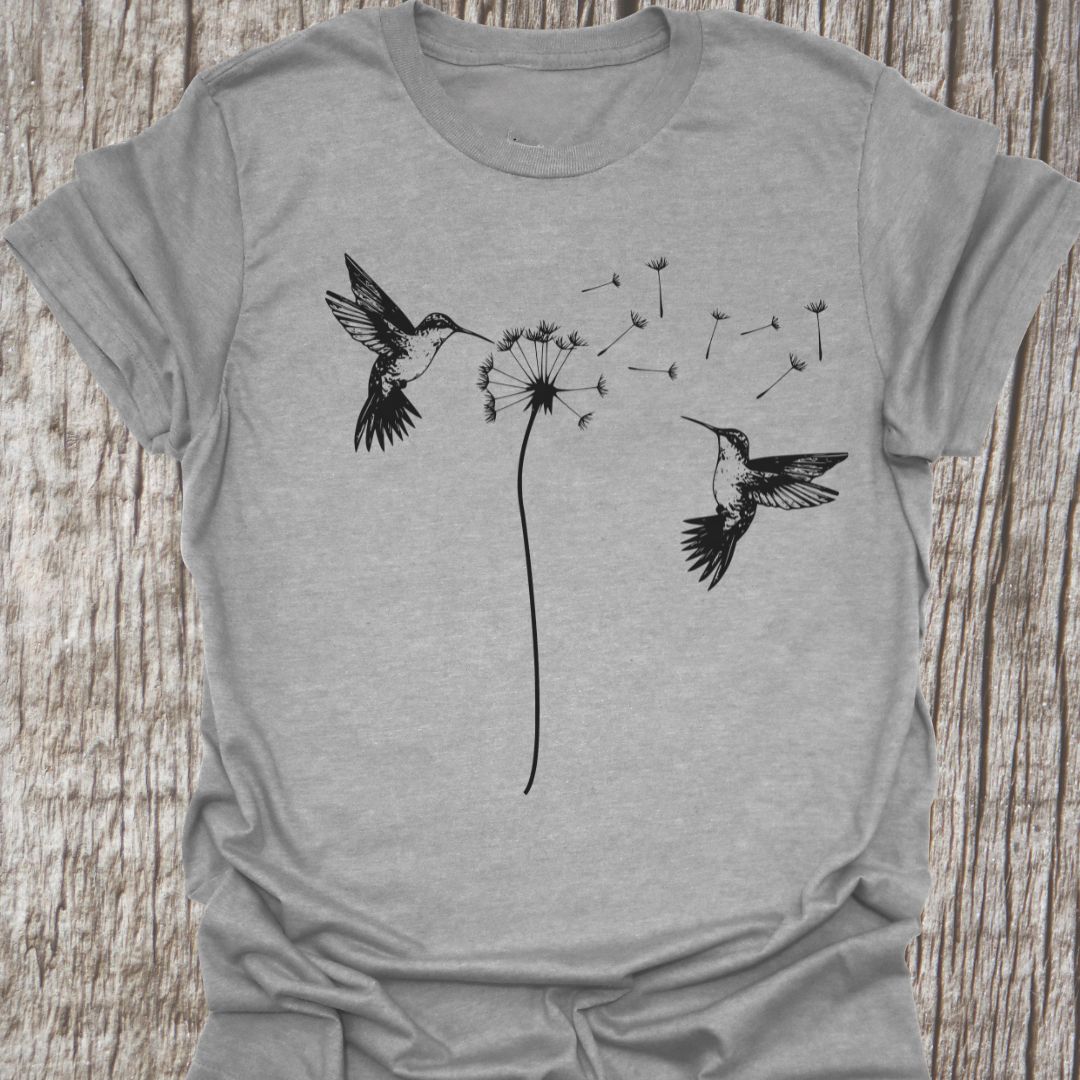 Two humming birds hovering at Dandelion in black on sport grey t-shirt