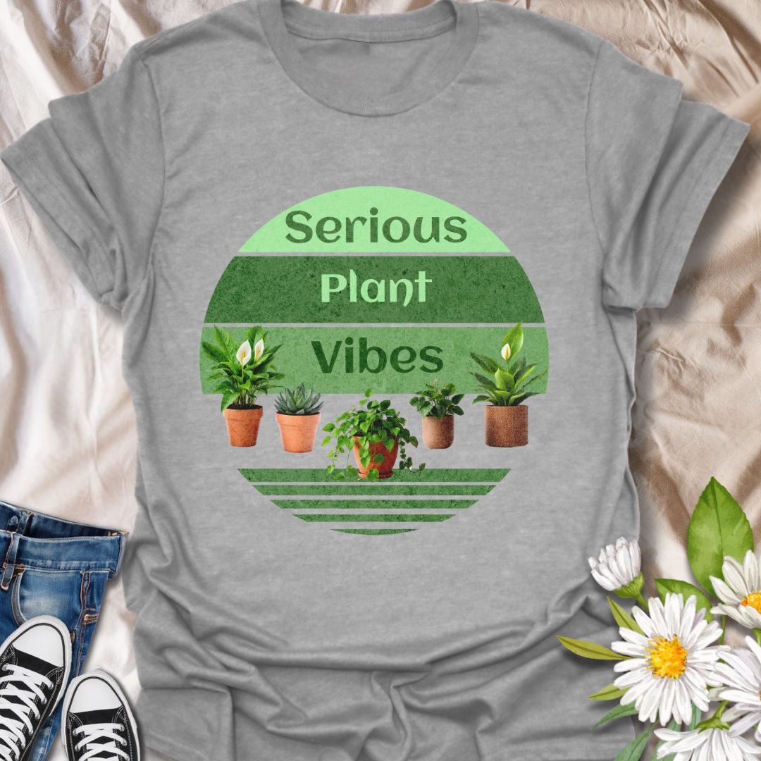“Serious Plant Vibes” t-shirt featuring vibrant potted houseplants in a retro green circle design. Perfect for plant moms, gardeners, and houseplant enthusiasts who love their leafy friends. A fun botanical tee for indoor plant lovers and green thumbs.