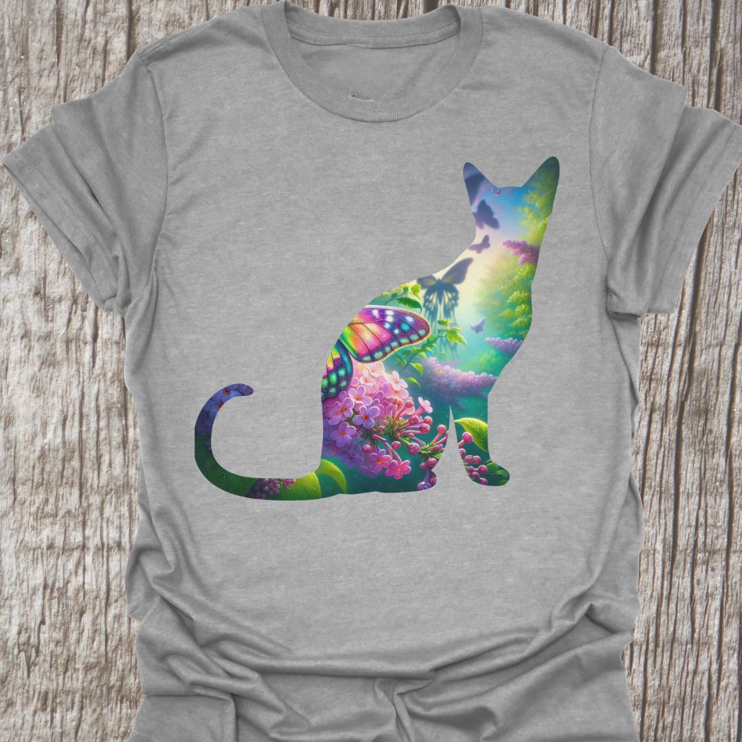 Mystical Cat design with flowers, water, trees and butterflies in cat silhouette, on a grey color t-shirt