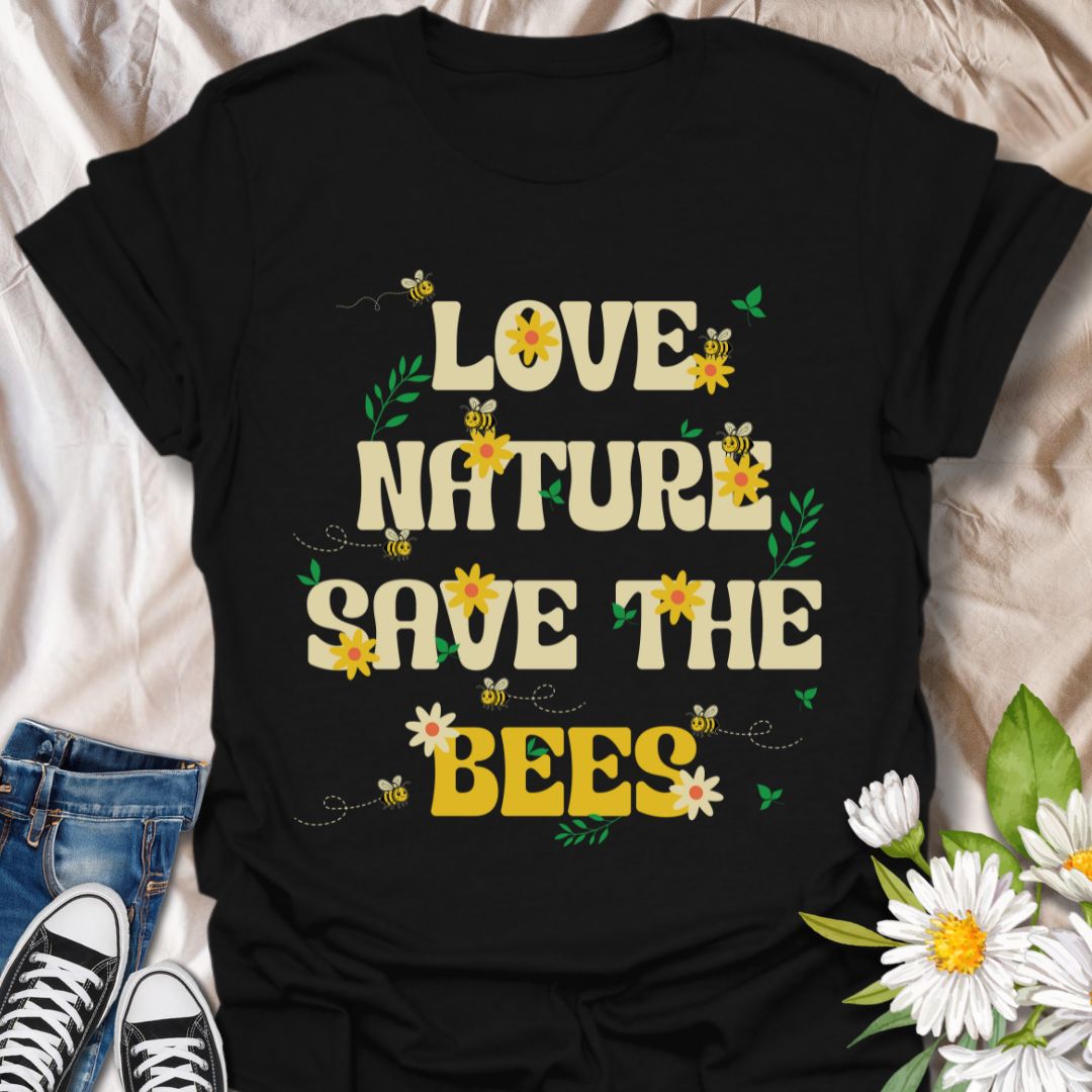 Bright "Love Nature Save The Bees" t-shirt with playful yellow typography, buzzing bees, and cheerful flower accents. Ideal for bee lovers, pollinator supporters, gardeners, environmental advocates, and nature enthusiasts. Perfect eco-friendly gift, conservation awareness shirt, botanical fashion, and sustainable garden apparel.