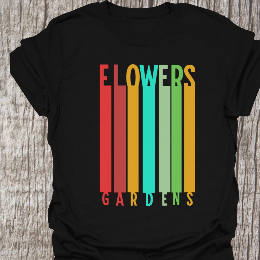 Color blocks black t-shirt with text saying gardens and flowers in matching colors.