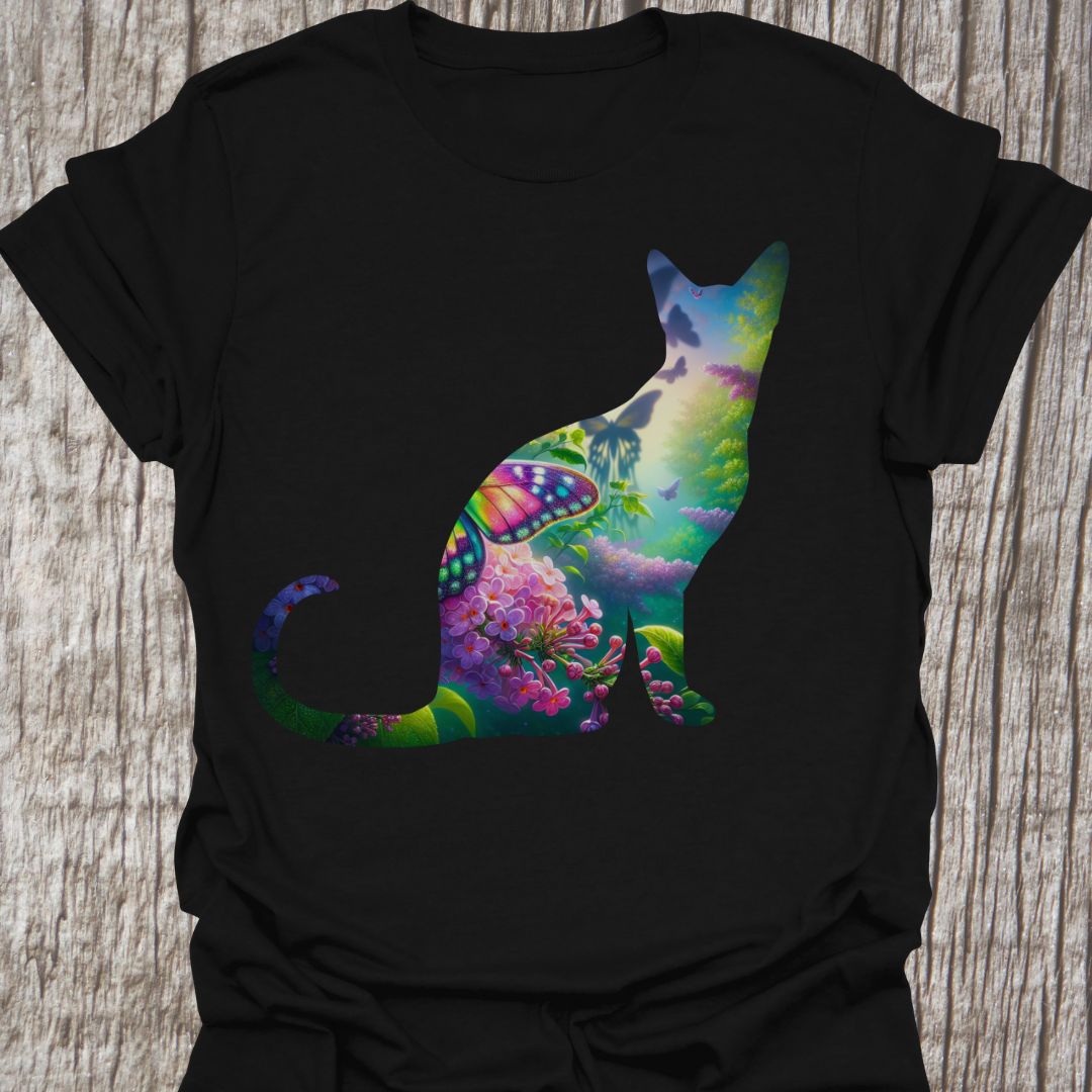 Mystical Cat design with flowers, water, trees and butterflies in cat silhouette, on a black t-shirt