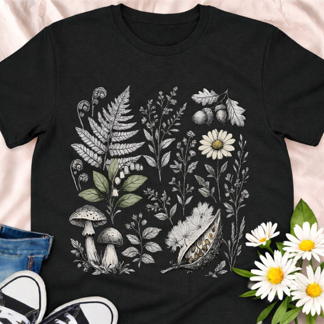 Step into the forest with this woodland botanical t-shirt featuring detailed ferns, mushrooms, acorns, seed pods and wildflowers on a dark background. A dreamy nature-lover tee, perfect for cottagecore fans, foragers and plant lovers who adore moody, vintage-style botanical art.