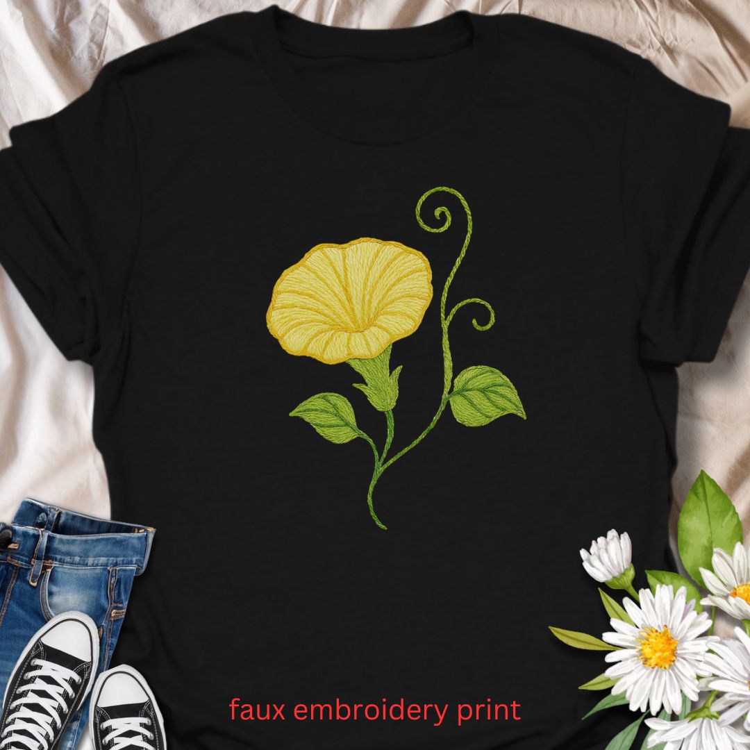 Add a touch of garden charm to your outfit with this faux embroidery t-shirt featuring a delicate yellow morning glory flower. Designed with a stitched-look finish, this nature-inspired tee is perfect for plant lovers, gardeners, and fans of floral simplicity. A soft, botanical vibe for everyday wear or gifting.