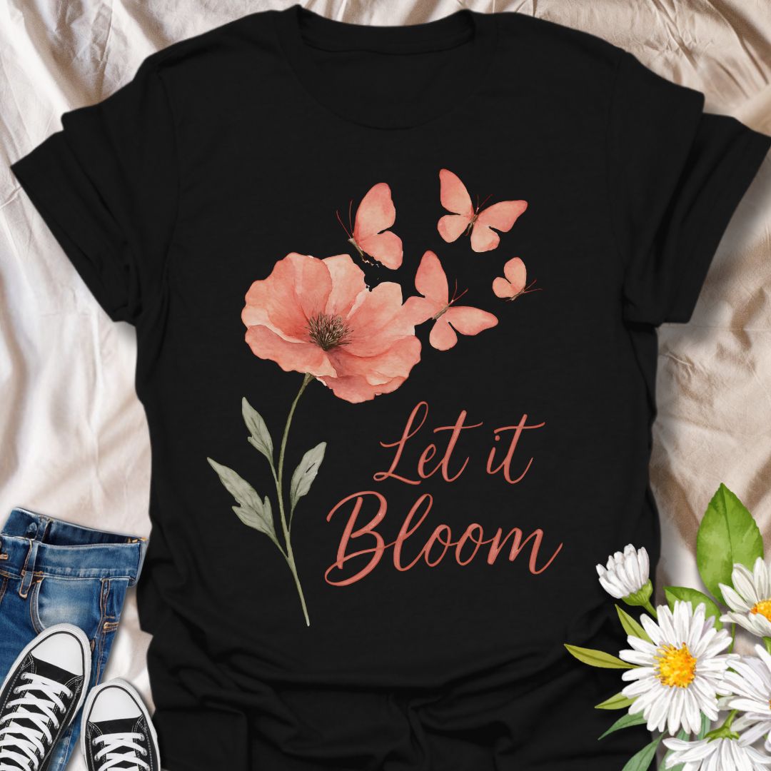 Delicate watercolor-style coral poppy with butterflies and elegant “Let It Bloom” quote. A soft, floral design celebrating growth, transformation, and positivity—perfect for garden lovers, free spirits, and those embracing inner peace and change.