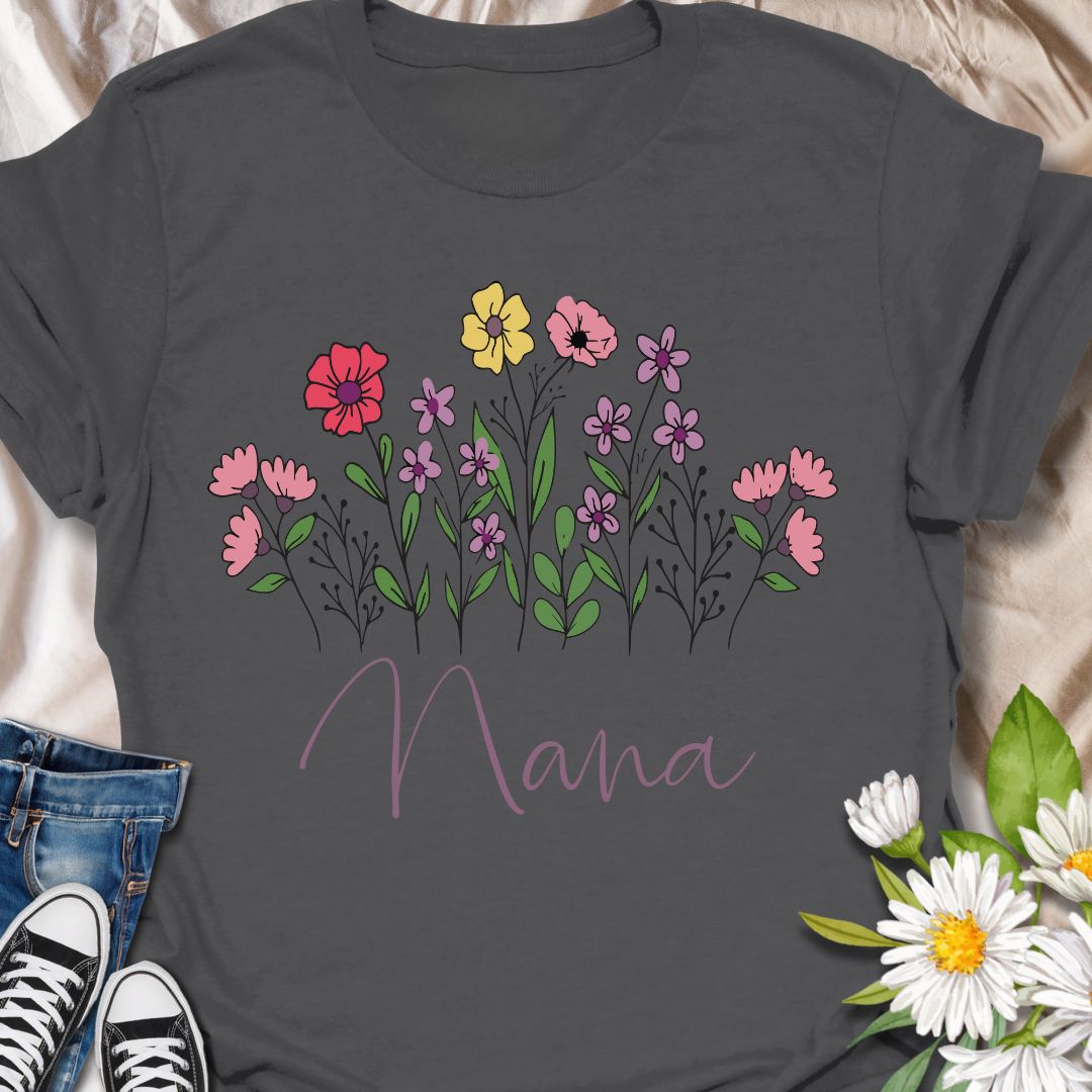 Celebrate a special Nana with this beautiful floral design tee. Perfect for grandmothers who love flowers, gardening, and thoughtful gifts. A heartwarming and nature-inspired gift idea for birthdays, Mother's Day, or just because.